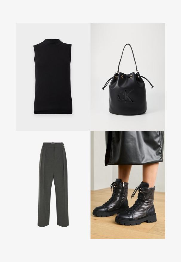 Crna majica bez rukava s visokim izrezom napravljena od glatkog, rastezljivog materijala, prikazana na jednostavnoj bijeloj pozadini.; Sive široke hlače s teksturiranim platnom, visokim strukom i naborima sprijeda. Dizajn uključuje glatki pojas bez vidljivih kopči.; Crne kožne čizme do gležnja s teksturiranim kviltanim gornjim dijelom, vezanjem i debelim gumenim potplatom s uzorkom.; Crna kožna torba u obliku kante s zatvaranjem na vezicu, koja na prednjoj strani ima sjajni "CK" logo i zlatne metalne detalje.
