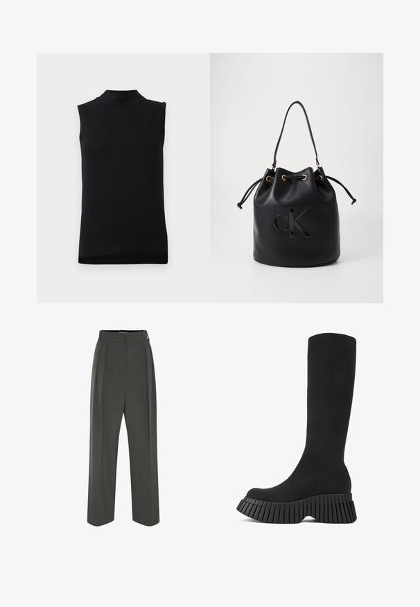 Black sleeveless top with high neckline made from smooth, stretchy fabric, displayed on plain white background.; Gray wide-leg trousers made of textured fabric, featuring a high waist and front pleats. The design includes a smooth waistband and no visible fastenings.; Black knee-high boots with a ribbed-platform sole and textured upper. Sleek, form-fitting design with a rounded toe and no visible hardware.; Black leather bucket bag with drawstring closure, featuring a glossy "CK" logo on the front and gold-tone hardware accents.