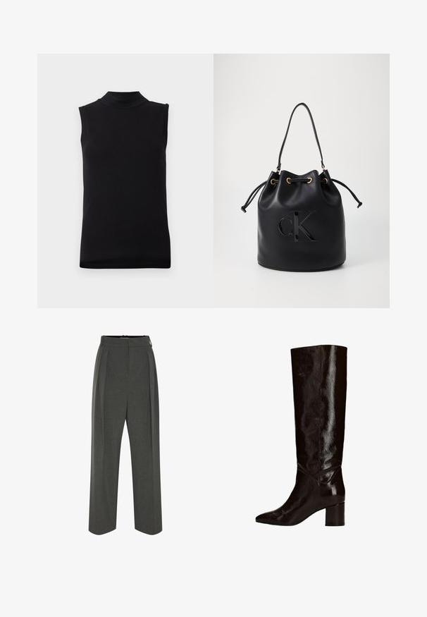 Schwarzes ärmelloses Oberteil mit hohem Ausschnitt, aus glattem, elastischem Stoff, auf einem schlichten weißen Hintergrund präsentiert.; Graue Hose mit weitem Bein aus strukturiertem Stoff, ausgestattet mit hoher Taille und vorderen Falten. Das Design beinhaltet einen glatten Bund und keine sichtbaren Verschlüsse.; Knöchelhoche braune Lacklederstiefel mit spitzer Zehenform und blockiertem Absatz, die durch eine glatte, glänzende Oberfläche und klare Linien bestechen.; Schwarze Leder-Eimer-Tasche mit Kordelzugverschluss, ausgestattet mit einem glänzenden "CK"-Logo auf der Vorderseite und goldfarbenen Hardware-Akzenten.