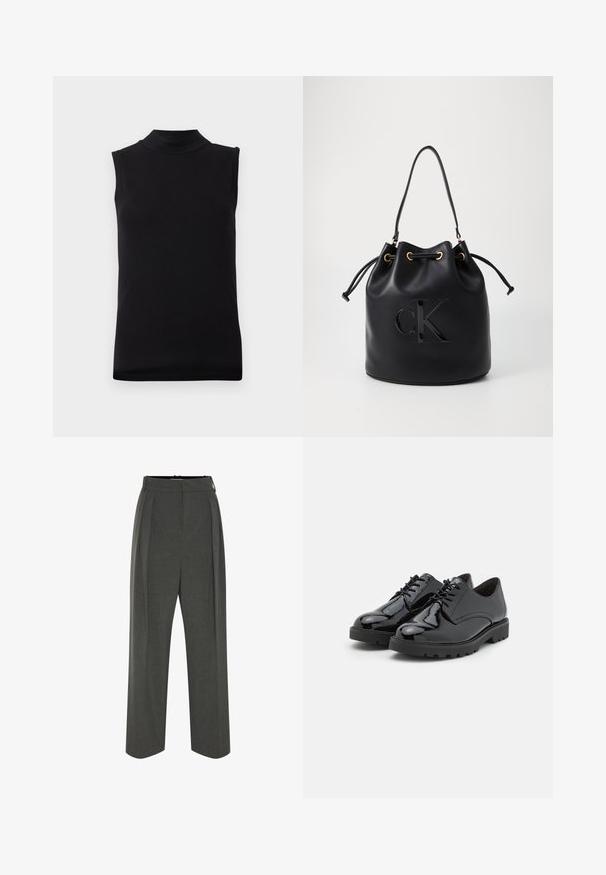 Fekete ujjatlan felső magas nyakkal, sima, rugalmas anyagból, sima fehér háttér előtt bemutatva.; Szürke, széles szárú nadrág texturált anyagból, magas derékkal és elöl hajtásokkal. A kialakítás sima derékpántot tartalmaz, és nincsenek látható rögzítők.; Fekete lakkbőr cipők kerek orral, fűzős kialakítással, mintás gumitalppal és finom varrási részletekkel az oldalán.; Fekete bőr vödör táska húzózsinórral, elől fényes "CK" logóval és arannyal bevont fémrészletekkel.