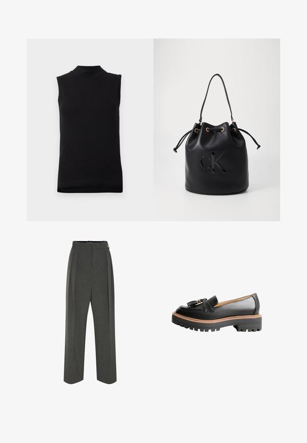 Crna majica bez rukava s visokim izrezom napravljena od glatkog, rastezljivog materijala, prikazana na jednostavnoj bijeloj pozadini.; Sive široke hlače s teksturiranim platnom, visokim strukom i naborima sprijeda. Dizajn uključuje glatki pojas bez vidljivih kopči.; Crni kožni mokasini s okruglim vrhom, dekorativnom mašnom i debelim crnim gumenim potplatom s kontrastnim smedjim šavovima.; Crna kožna torba u obliku kante s zatvaranjem na vezicu, koja na prednjoj strani ima sjajni "CK" logo i zlatne metalne detalje.