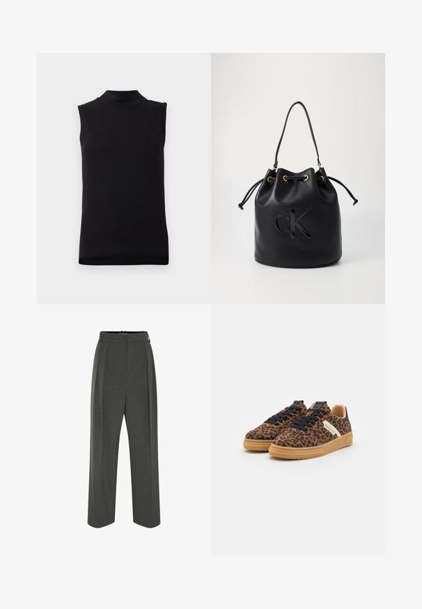 Black sleeveless top with high neckline made from smooth, stretchy fabric, displayed on plain white background.; Gray wide-leg trousers made of textured fabric, featuring a high waist and front pleats. The design includes a smooth waistband and no visible fastenings.; Pair of brown leopard print sneakers with black laces, beige gum soles, and white side accents on a white background.; Black leather bucket bag with drawstring closure, featuring a glossy "CK" logo on the front and gold-tone hardware accents.