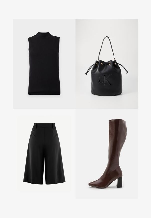 Top senza maniche nero con collo alto realizzato in un tessuto liscio ed elastico, esposto su uno sfondo bianco semplice.; Pantaloni neri a gamba larga con frontale plissettato, vita alta e tessuto dalla texture liscia. Presentano un design pulito e minimale senza hardware visibile.; RAID HETTIE - Stivali alti - brown; Borsa a secchiello in pelle nera con chiusura a cordoncino, caratterizzata da un logo "CK" lucido sulla parte anteriore e dettagli in hardware dorato.
