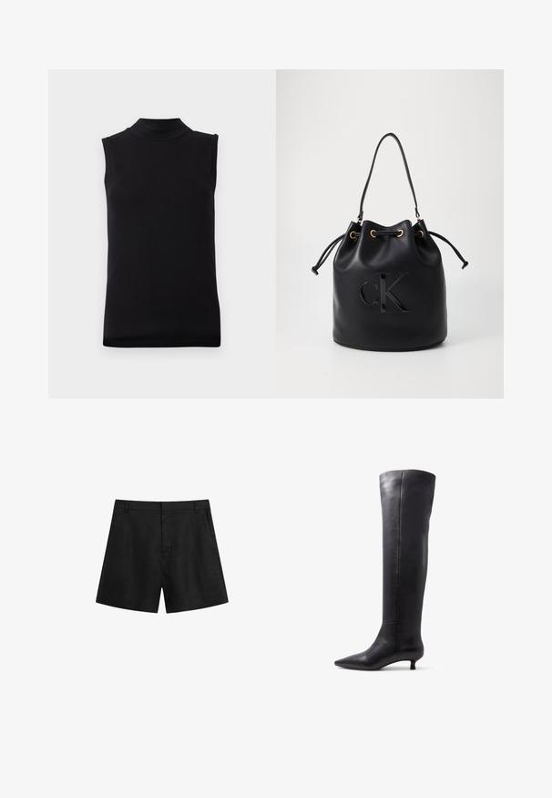 Svart ärmlös topp med hög halsringning, tillverkad av slät och stretchig tyg, visas på en enfärgad vit bakgrund.; Svarta linnebyxor med en åtsittande midja, sidfickor och skräddarsydd design. Har en slät yta och platt front utan synliga dekorationer.; Knähöga svarta läderstövlar med spetsig tå och låg klack, med en slät yta och minimalistisk design.; Svart läder bucket bag med dragsko-stängning, prydd med en glänsande "CK"-logotyp på framsidan och detaljer i guld-ton.