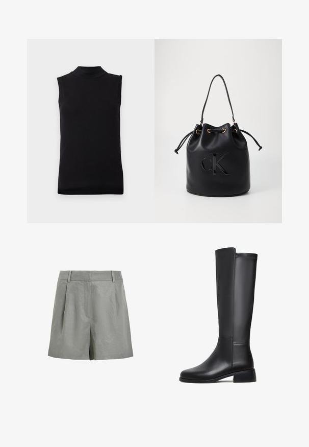 Svart ärmlös topp med hög halsringning, tillverkad av slät och stretchig tyg, visas på en enfärgad vit bakgrund.; Ljust grå shorts i texturerad tyg, med flat front, två framveck och medelhög midja utan synliga knäppningar.; Svart läder knähöga stövlar med en slät yta, rund tå, låg blockklack och diskret sömnadsdetalj längs sidan.; Svart läder bucket bag med dragsko-stängning, prydd med en glänsande "CK"-logotyp på framsidan och detaljer i guld-ton.