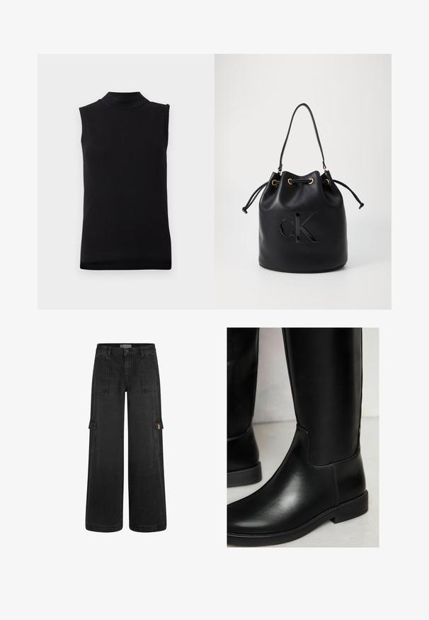 Svart ärmlös topp med hög halsringning, tillverkad av slät och stretchig tyg, visas på en enfärgad vit bakgrund.; Svarta cargobyxor med en avslappnad passform, elastiskt midjeband, flera framfickor och sidofickor för last. Tillverkade av slitstarkt denimmaterial.; Svarta läderknästövlar med en slät yta, rund tå, minimal sömnad och låg blockklack. Har en stilren, åtsittande design.; Svart läder bucket bag med dragsko-stängning, prydd med en glänsande "CK"-logotyp på framsidan och detaljer i guld-ton.