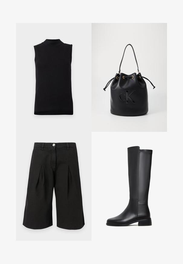 Top negro sin mangas con cuello alto, hecho de una tela suave y elástica, exhibido sobre un fondo blanco liso.; Pantalones cortos negros hasta la rodilla hechos de una mezcla de algodón. Presentan pliegues, un cierre frontal con botón y un diseño de cintura clásico.; Bota de cuero negro hasta la rodilla con textura suave, puntera redondeada, taco bajo y un sutil detalle de costura a lo largo del costado.; Bolso hobo de cuero negro con cierre de elástico, que presenta un brillante logo "CK" en el frente y detalles en tono dorado.