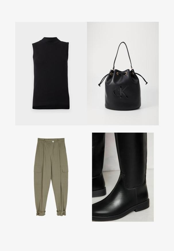 Čierny top bez rukávov s vysokým výstrihom vyrobený z hladkého, pružného materiálu, vystavený na bielom pozadí.; Olivezelené cargo nohavice z mäkkého materiálu, s dvoma prednými vreckami, plisovaným dizajnom a manžetami s nastaviteľnými zapínaniami.; Čierne kožené čižmy po kolená s hladkou textúrou, okrúhlym špičkou, minimálnym prešívaním a nízkym blokovým podpätkom. Vyznačujú sa štíhlym, priliehavým strihom.; Čierna kožená vedierková taška so sťahovacím uzáverom, so lesklým logom "CK" na prednej strane a zlatými kovovými detailmi.