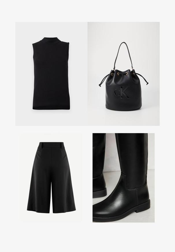 Černý top bez rukávů s vysokým výstřihem vyrobený z hladkého, elastického materiálu, vystavený na jednoduchém bílém pozadí.; Černé široké kalhoty s plisé vpředu, vysokým pasem a hladkou texturou látky. Vyznačují se čistým, minimalistickým designem bez viditelného kovového prvku.; Černé kožené vysoké boty až ke kolenům s hladkým texturem, kulatou špičkou, minimálním prošíváním a nízkým blokovým podpatkem. Působí elegantním, přiléhavým designem.; Černá kožená kabela ve tvaru kyblíku s utažením na šňůru, s lesklým logem "CK" na přední straně a zlatými kovovými detaily.