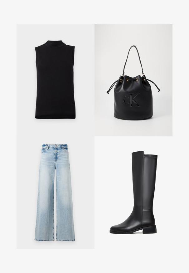 Crna majica bez rukava s visokim izrezom napravljena od glatkog, rastezljivog materijala, prikazana na jednostavnoj bijeloj pozadini.; Svijetloplave traperice širokih nogavica. Sadrže klasičan dizajn s pet džepova i blago izblijedjelu završnu obradu. Zatvaranje na gumbe i patentni zatvarač.; Crne kožne čizme do koljena s glatkom teksturom, zaobljenim vrhom, niskom blok petom i suptilnim detaljem šivanja duž bočne strane.; Crna kožna torba u obliku kante s zatvaranjem na vezicu, koja na prednjoj strani ima sjajni "CK" logo i zlatne metalne detalje.