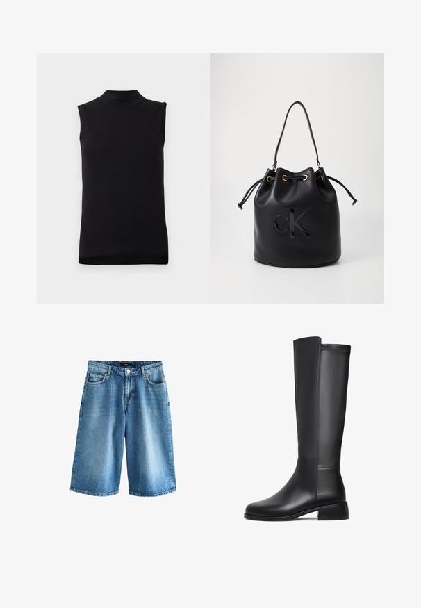 Top negro sin mangas con cuello alto, hecho de una tela suave y elástica, exhibido sobre un fondo blanco liso.; Shorts de mezclilla en azul claro, con un corte holgado, diseño estándar de cinco bolsillos y una cinturilla con cierre de botón.; Bota de cuero negro hasta la rodilla con textura suave, puntera redondeada, taco bajo y un sutil detalle de costura a lo largo del costado.; Bolso hobo de cuero negro con cierre de elástico, que presenta un brillante logo "CK" en el frente y detalles en tono dorado.