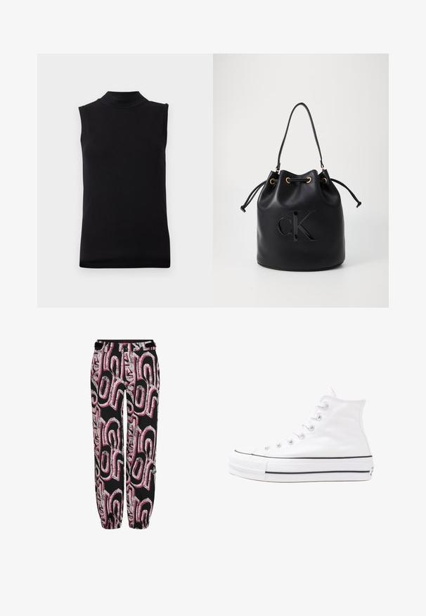 Musta hihaton paita, jossa on korkea kaula-aukko, valmistettu sileästä, joustavasta kankaasta, esiteltynä yksinkertaisella valkoisella taustalla.; Mustat housut, joissa on rohkea vaaleanpunainen ja hopeinen graafinen kuvio. Valmistettu kevyestä materiaalista, jossa on joustavat hihnat ja istuva vyötärö.; Valkoiset korkeavartiset kangaskengät mustalla kumipohjalla, edessä kuminen varvasosa ja kuusi nauha-aukkoa, puhtaan minimalistisella muotoilulla.; Musta nahkainen ämpärilaukku, jossa on kiristysnauha, etuosassa kiiltävä "CK"-logo ja kultasävytetyt yksityiskohdat.; Hopepronssi metalliset korvakorut, joissa on sileä, kiiltävä pinta ja rakenteellinen, pyöristetty muotoilu. Varustettu käänteellisellä lukolla turvallista käyttöä varten.