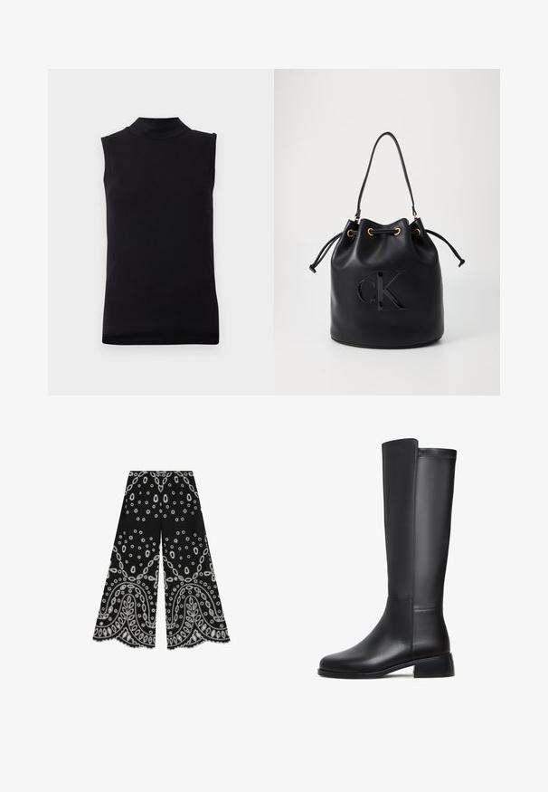 Schwarzes ärmelloses Oberteil mit hohem Ausschnitt, aus glattem, elastischem Stoff, auf einem schlichten weißen Hintergrund präsentiert.; Schwarze weitgeschnittene Hosen mit weißen Blumen- und Paisleymustern. Der Stoff hat eine glatte Textur mit gewellten Säumen.; Schwarze Lederknöchelhöhe Stiefel mit glatter Textur, runder Zehenform, niedrigem Blockabsatz und subtilen Steppnähten an der Seite.; Schwarze Leder-Eimer-Tasche mit Kordelzugverschluss, ausgestattet mit einem glänzenden "CK"-Logo auf der Vorderseite und goldfarbenen Hardware-Akzenten.