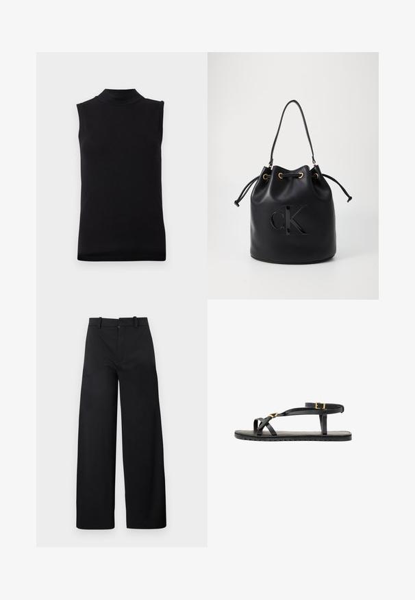 Črna brezrokavnik z visokim ovratnikom, izdelan iz gladkega, elastičnega materiala, prikazan na enobarvni beli podlagi.; Široke hlače iz črnega materiala, ki imajo sprednji zadrgo, pasne zanke in gladko teksturo brez vidnih vzorcev ali poudarkov.; Črne usnjene sandale s tankimi naramnicami in zaponko okoli gležnja. Ravna podplat s teksturirano površino in cik-cak robom. Minimalističen dizajn.; Črna usnjena torba v obliki zaboja z vrvico za zapiranje, ki ima na sprednji strani sijajni logo "CK" in zlate kovinske dodatke.