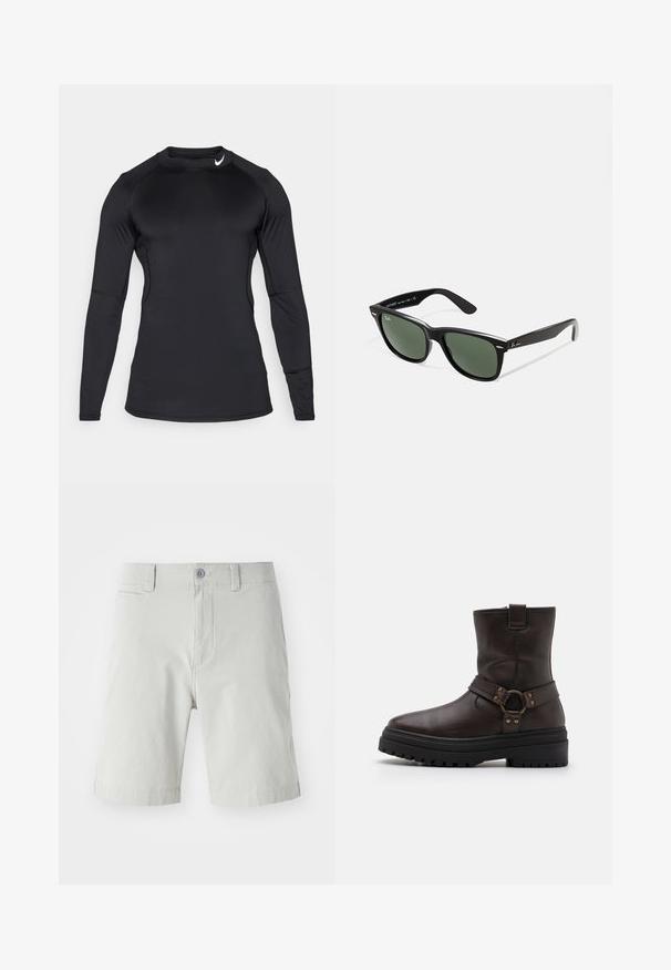 T-shirt de sport noir à manches longues, en tissu lisse et extensible, avec un col rond et un logo discret en haut à gauche.; Shorts gris clair en tissu doux, dotés d'une fermeture à bouton, de poches latérales et d'un design épuré et ajusté. La longueur atteint le milieu de la cuisse.; Bottine en cuir marron avec un bout carré, des accents de boucle et une épaisse semelle noire. Caractérisée par une fermeture éclair sur le côté et une surface texturée.; Lunettes de soleil en plastique noir avec verres verts, monture carrée, accent argenté sur le sourcil et branches texturées. Marque indiquée sur l'intérieur de la branche.
