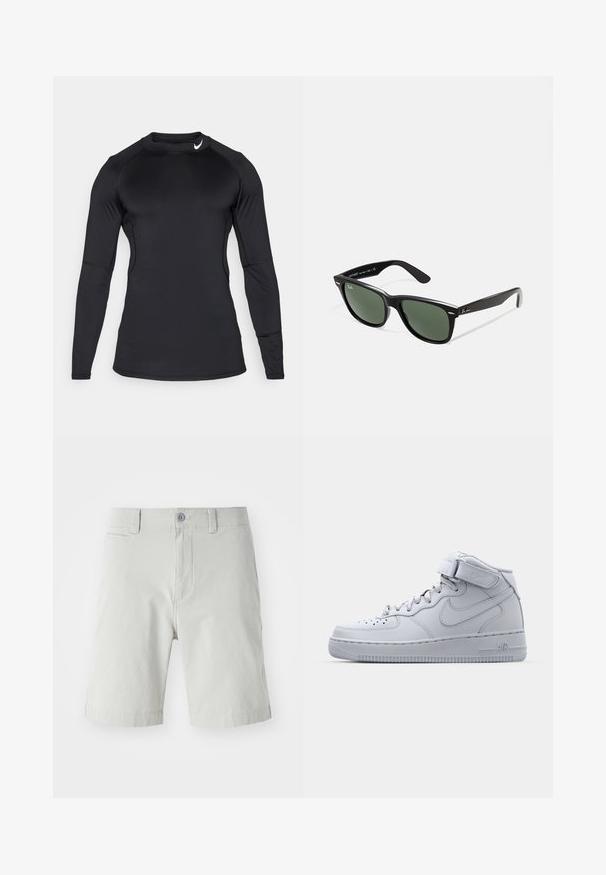 Camisola atlética de manga longa preta, feita de tecido liso e elástico, com decote redondo e um logótipo discreto no canto superior esquerdo.; Calções cinzentos claros feitos de tecido macio, com fecho de botão, bolsos laterais e um design limpo e ajustado. O comprimento chega até metade da coxa.; Tênis Nike Air Force 1 cinzas de cano alto com parte superior em couro, colarinho acolchoado e uma tira de Velcro. O design icônico apresenta uma caixa de toe perfurada.; Óculos de sol de plástico preto com lentes verdes, armações quadradas, detalhe prateado na sobrancelha e hastes texturizadas. Marca indicada na parte interna da haste.