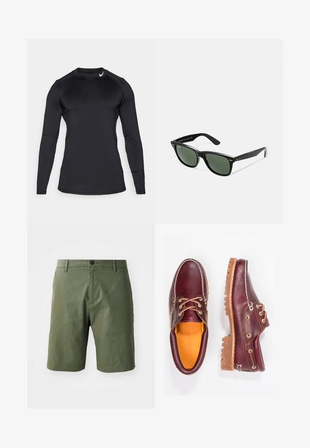 Camisa atlética de manga larga negra, hecha de un tejido suave y elástico, con un collarín redondo y un logo discreto en la parte superior izquierda.; Pantalones cortos verde oliva hechos de tejido ligero, con una parte delantera plana, trabillas para cinturón y un cierre de botón único en la cintura.; Zapatos de cuero burdeos con suelas de goma marrón, puntera redonda, costuras blancas y ojales dorados. El interior cuenta con un forro amarillo.; Gafas de sol de plástico negro con lentes verdes, montura cuadrada, acento plateado en la ceja y brazos texturizados. Marca indicada en el brazo interno.