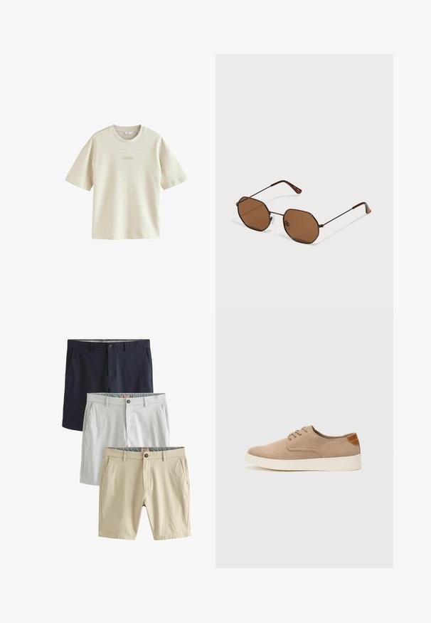 Jasno beżowy, krótki rękaw t-shirt wykonany z miękkiej tkaniny. Posiada delikatny wzór w paski oraz niewielkie nadrukowane logo na klatce piersiowej.; Trzy pary szortów: granatowe, jasnoszare i beżowe, wszystkie wykonane z gładkiego materiału, z przednimi kieszeniami i zapięciami na guziki.; Beżowe zamszowe sneakersy z okrągłym noskiem, sznurowanym przodem i teksturowanym akcentem na tyle. Biała gumowa podeszwa tworzy kontrast. Prosty i nowoczesny design.; Brązowe ośmiokątne okulary przeciwsłoneczne z cienkimi, ciemnymi metalowymi oprawkami, regulowanymi noskami i brązowymi przyciemnionymi soczewkami; zauszniki mają pomarańczowy akcent.; Biała perłowa naszyjnik o jednolitym, okrągłym kształcie, gładkiej powierzchni oraz metalowym zapięciu z przedłużanym łańcuszkiem dla regulowanej długości.