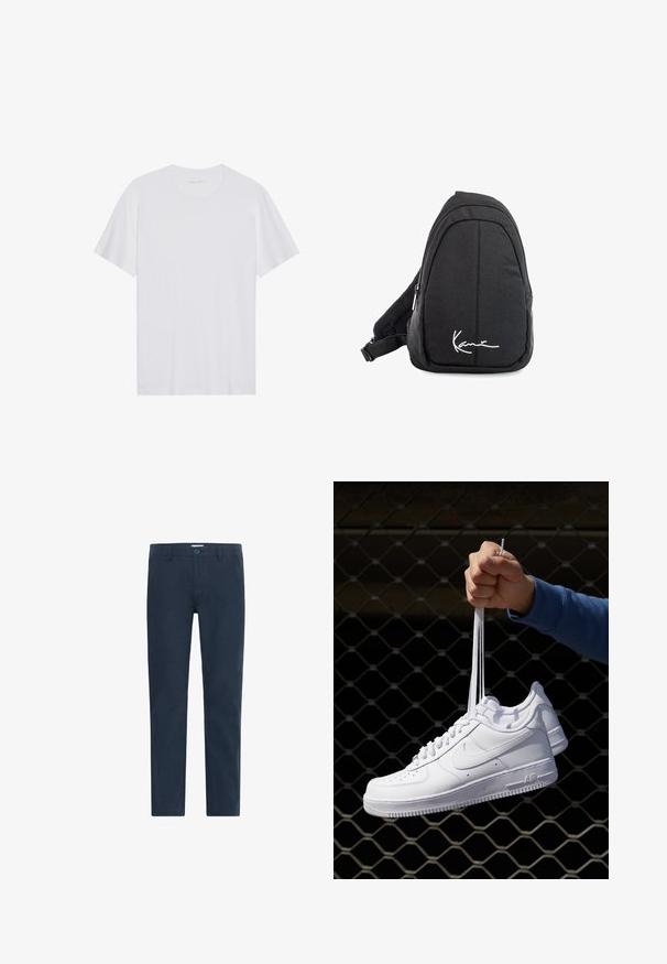 White cotton T-shirt with short sleeves, a crew neck, and a smooth texture. Features minimal branding on the neckline.; Navy blue chinos made of cotton blend fabric, featuring a button closure, straight legs, and a smooth texture without patterns or accents.; White leather sneakers with perforations, round toe, flat sole, and thick laces, featuring a visible swoosh logo and "AIR" on the heel.; Black fabric sling backpack with a smooth texture, featuring a curved design, zippered compartment, and a white logo on the front.