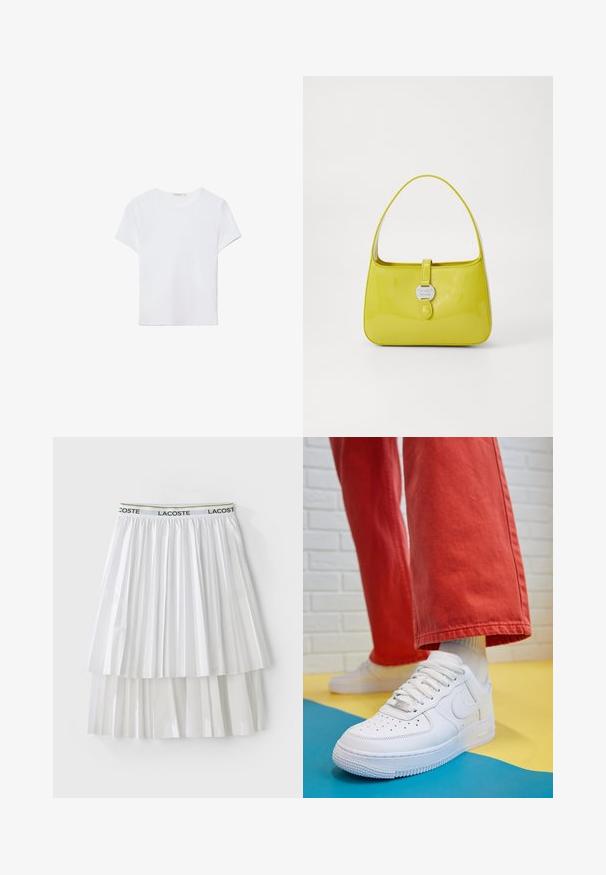 Valkoinen lyhythihainen t-paita, joka on valmistettu pehmeästä kankaasta. Sillä on pyöreä pääntie ja yksinkertainen, siisti muotoilu suoralla helman lopulla.; Valkoinen laskostettu hame, jossa on teksturoitu muotoilu ja brändätty joustava vyötärö. Materiaali on sileäpintainen ja siinä on kerroksellisia segmenttejä.; Valkoinen nahkakengät, joissa on rei'itetty varvasosa, teksturoitu pohja ja valkoiset nauhat, yhdistettynä leveisiin punaisiin housuihin ja sinikeltaiseen taustaan.; Keltainen lakatun nahkaisen käsilaukku, jolla on jäsennelty muoto, yläkahva ja edessä napsautettava suljenta, jossa on pyöreä metallinen logoosa.