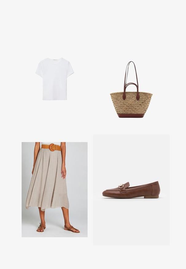 Hvid kortærmet t-shirt lavet af blødt stof. Har en rund halsudskæring og et simpelt, rent design med en lige underkant.; Beige A-line midi nederdel lavet af tekstureret stof, med et flettet orange bælt med en cirkulær spænde og parret med brune flade sandaler.; Brune læderloafers med flad sål, en quiltet design og en guldfarvet spænde detalje på rebet over vristen.; Vævet strå tote taske med flettet tekstur, mørkebrune læderhåndtag og bund, bred cirkulær form og åben topdesign.