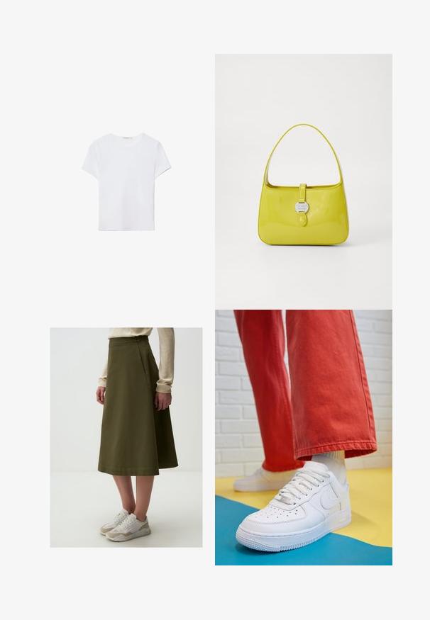 Weißes kurzärmliges T-Shirt aus weichem Stoff. Hat einen runden Halsausschnitt und ein einfaches, sauberes Design mit geradem Saum.; Olivgrüne A-Linien-Rock mit glatter Textur, hoher Taille und Nahtdetails, kombiniert mit weißen und beigen Sneakers.; Weiße Leder-Sneaker mit perforiertem Zehenbereich, strukturiertem Sohlen und weißen Schnürsenkeln, kombiniert mit weiten roten Hosen und einem blauen und gelben Hintergrund.; Gelbe lackierte Leder-Handtasche mit strukturiertem Design, einem oberen Griff und einem vorderen Druckverschluss, der mit einem kreisförmigen Metall-Logo-Akzent versehen ist.