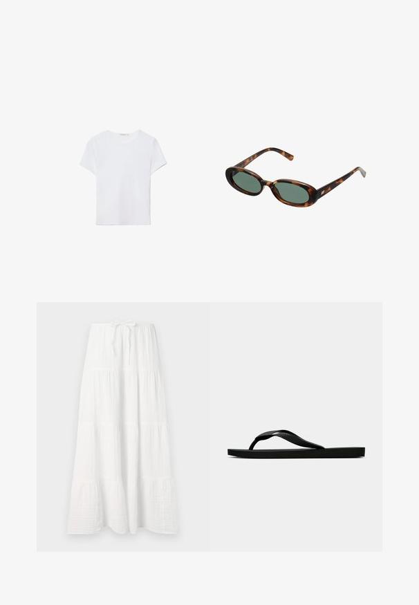 Biała koszulka z krótkim rękawem wykonana z miękkiego materiału. Posiada okrągły dekolt oraz prosty, minimalistyczny design z prostym dołem.; Biała długa spódnica z teksturowanej tkaniny, z poziomymi tierami i regulowanym paskiem w talii dla dopasowania. Gładki, opływowy design.; Czarne gumowe klapki z teksturowanym paskiem i prostą płaską podeszwą, przedstawione z boku na jasnym jednolitym tle.; Okulary przeciwsłoneczne w kolorze tortoise z owalnymi oprawkami i zielonymi soczewkami. Posiadają cienkie zauszniki z metalowym akcentem przy zawiasach.