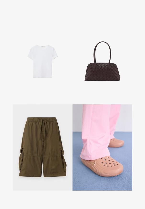Witte T-shirt met korte mouwen, gemaakt van zachte stof. Heeft een ronde halslijn en een eenvoudig, strak ontwerp met een rechte zoom.; Olijfgroene cargoshorts van lichtgewicht stof. Voorzien van een elastische tailleband, trekkoord en twee zijvakjes.; Nike klompen in tan plastic met perforaties, gestructureerde zijkanten en een gouden swoosh. Draag ze met roze broek op een blauwe vloer.; Gevlochten bruine leren handtas met ronde vorm, dubbele bovenhandvaten en een gladde textuur; kenmerken subtiele stitching voor ontwerpdetaillering.