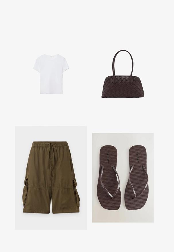 T-shirt bianco a maniche corte in tessuto morbido. Presenta un collo rotondo e un design semplice e pulito con un orlo dritto.; Shorts cargo verdi oliva realizzati in tessuto leggero. Presentano una vita elastica, una corda di regolazione e due tasche cargo laterali.; Next SQUARE TOE - Infradito da bagno - chocolate brown; Borsa a mano in pelle intrecciata marrone con forma arrotondata, doppi manici superiori e texture liscia; presenta cuciture sottili come dettaglio di design.