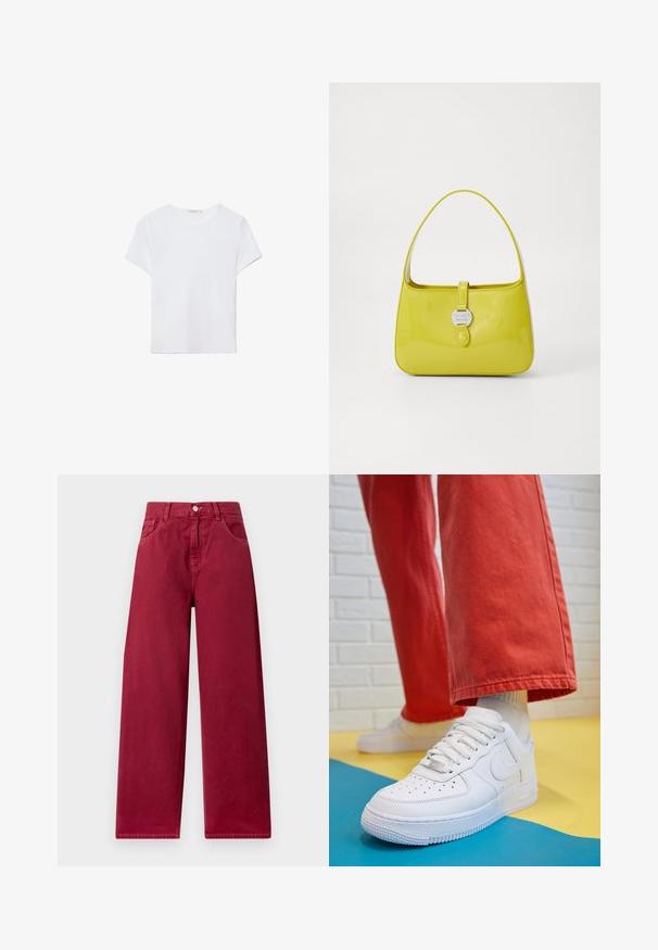 Bílá tričko s krátkým rukávem vyrobené z měkké látky. Má kulatý výstřih a jednoduchý, čistý design s rovnou spodní částí.; Kalhoty s širokými nohavicemi v hluboké burgundské barvě, vyrobené z pevného denimu, s předními kapsami a zapínáním na knoflík v pase.; Bílé kožené tenisky s perforovanou špičkou, texturovanou podešví a bílými tkaničkami, v kombinaci s širokými červenými kalhotami a modro-žlutým pozadím.; Žlutá lakovaná kabelka se strukturovaným tvarem, horním uchem a předním uzavíráním na patent s kruhovým kovovým logem.