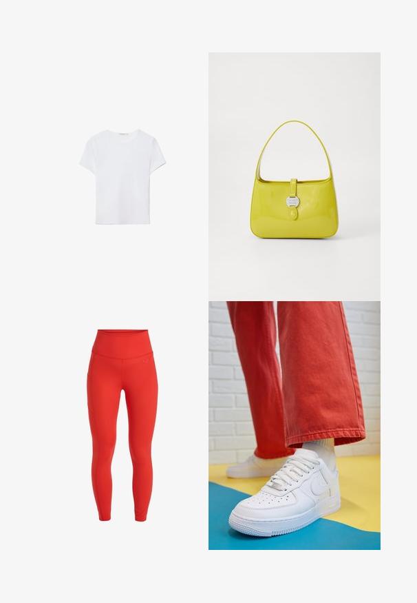 Vit t-shirt med kort ärm gjord av mjukt tyg. Har en rund halslinning och en enkel, ren design med en rak nederkant.; Röda högmidjade leggings med en slät yta, med en sidoficka och en liten logotyp ovanför midjan. Kroppsnära design.; Vita lädersneakers med perforerat tåparti, texturerad sula och vita snören, kombinerat med vida röda byxor och en blå och gul bakgrund.; Gul lackläderhandväska med en strukturerad form, ett handtag på toppen och en framknappsförslutning som har en rund metall-logotyp accent.