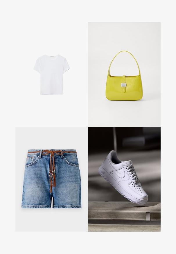 Bela kratka majica s kratkimi rokavi, izdelana iz mehkega materiala. Ima okroglo izrez in preprost, čist dizajn s ravnim robom.; Denim kratke hlače v svetlo modri barvi s sproščenim krojem, ki vsebujejo pletenici rjav trak z okrasnimi kroglicami in resicami.; Bela superga Nike Air Force 1, ki lebdi nad betonsko površino s sencami v minimalističnem okolju.; Rumena lakirana usnjena torbica s strukturirano obliko, zgornjim ročajem in sprednjim zapiranjem na pritisni gumb, ki ima okroglo kovinsko logotipno okrasje.
