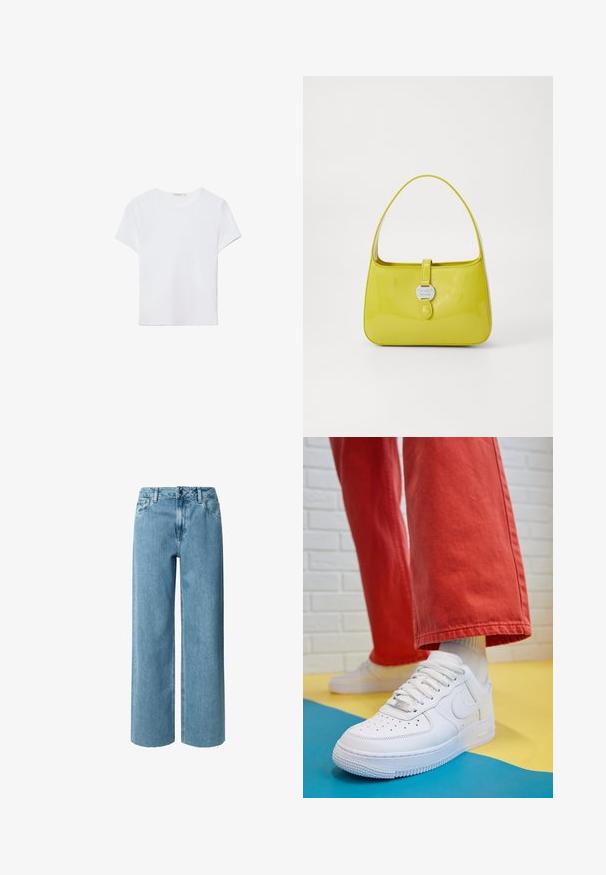Bílá tričko s krátkým rukávem vyrobené z měkké látky. Má kulatý výstřih a jednoduchý, čistý design s rovnou spodní částí.; Modré džíny s širokým nohavicemi a vysokým pasem, se záložkami na opasek, zipovým zapínáním a třepícími se lemy. Tkanina má jemnou, hladkou texturu.; Bílé kožené tenisky s perforovanou špičkou, texturovanou podešví a bílými tkaničkami, v kombinaci s širokými červenými kalhotami a modro-žlutým pozadím.; Žlutá lakovaná kabelka se strukturovaným tvarem, horním uchem a předním uzavíráním na patent s kruhovým kovovým logem.