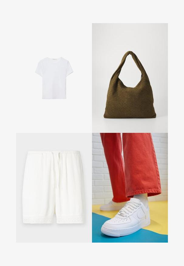 Valkoinen lyhythihainen t-paita, joka on valmistettu pehmeästä kankaasta. Sillä on pyöreä pääntie ja yksinkertainen, siisti muotoilu suoralla helman lopulla.; Valkoiset shortsit, jotka on valmistettu kevyestä kankaasta, jossa on teksturoitu pinta ja pitsireunus alareunassa. Joustava vyötärö, jossa on säädettävä nauha.; Valkoinen nahkakengät, joissa on rei'itetty varvasosa, teksturoitu pohja ja valkoiset nauhat, yhdistettynä leveisiin punaisiin housuihin ja sinikeltaiseen taustaan.; Kudottu kangaskassi oliivinvihreänä, tilavalta pyöreältä muodoltaan ja yhdessä pitkittäisessä kantokahvassa. Pintakuviointi.