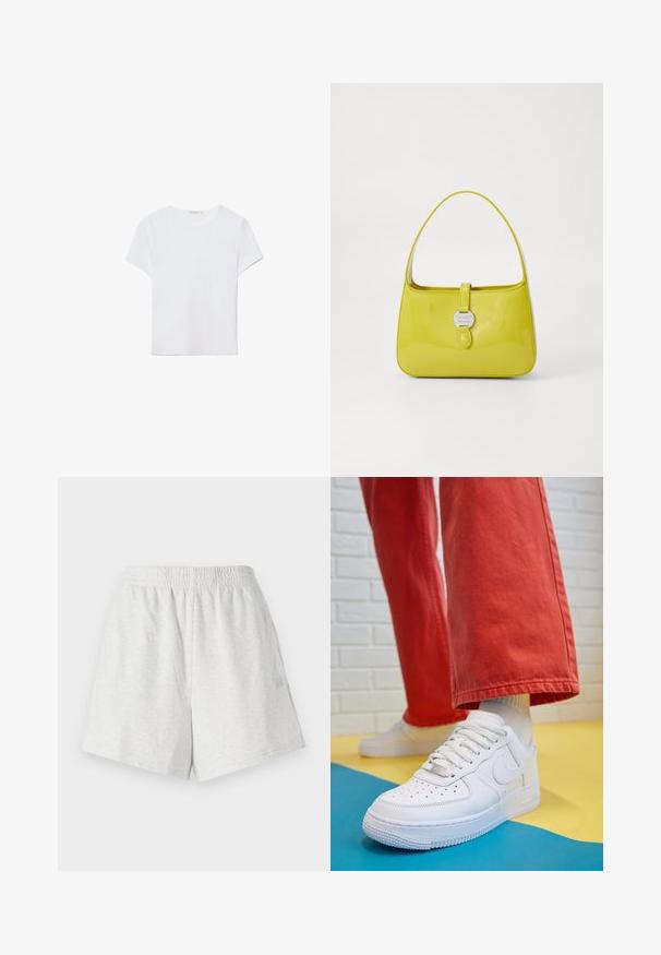 Valkoinen lyhythihainen t-paita, joka on valmistettu pehmeästä kankaasta. Sillä on pyöreä pääntie ja yksinkertainen, siisti muotoilu suoralla helman lopulla.; Harmaat puuvillashortsit, joissa on joustava vyötärö, sivusaumot ja ei näkyviä taskuja. Pehmeä rakenne yksinkertaisella designilla ja ilman kuvioita.; Valkoinen nahkakengät, joissa on rei'itetty varvasosa, teksturoitu pohja ja valkoiset nauhat, yhdistettynä leveisiin punaisiin housuihin ja sinikeltaiseen taustaan.; Keltainen lakatun nahkaisen käsilaukku, jolla on jäsennelty muoto, yläkahva ja edessä napsautettava suljenta, jossa on pyöreä metallinen logoosa.
