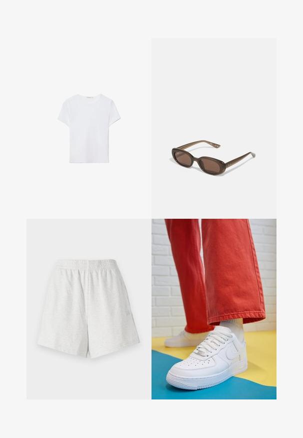 Bijela majica kratkih rukava izrađena od mekanog materijala. Ima okrugli izrez i jednostavan, čist dizajn s ravnim rubom.; Sivi pamučni šorc s elastičnom trakom u struku, bočnim šavovima i bez vidljivih džepova. Mekana tekstura s jednostavnim dizajnom i bez uzoraka.; Bijele kožne tenisice s perforiranim prednjim dijelom, teksturiranim đonom i bijelim vezicama, u kombinaciji s širokim crvenim hlačama i plavo-žutom pozadinom.; Smeđe ovalne sunčane naočale s tamnim staklima. Okvir je od prozirnog smeđeg materijala i ima otisnut logo na sljepoočnicama.