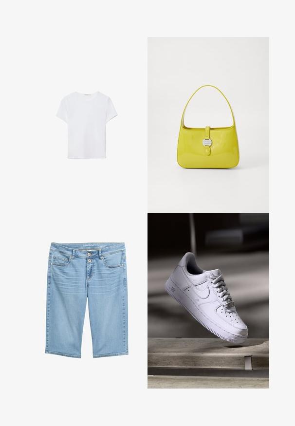 Bela kratka majica s kratkimi rokavi, izdelana iz mehkega materiala. Ima okroglo izrez in preprost, čist dizajn s ravnim robom.; Svetlo modri jeans Bermuda šortsi s srednjim pasom, dvema sprednjima žepoma in dvema gumboma za zapiranje. Gladka tekstura in ravno krojenje.; Bela superga Nike Air Force 1, ki lebdi nad betonsko površino s sencami v minimalističnem okolju.; Rumena lakirana usnjena torbica s strukturirano obliko, zgornjim ročajem in sprednjim zapiranjem na pritisni gumb, ki ima okroglo kovinsko logotipno okrasje.
