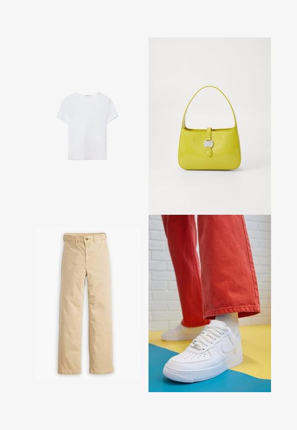 T-shirt bianco a maniche corte in tessuto morbido. Presenta un collo rotondo e un design semplice e pulito con un orlo dritto.; Pantaloni beige a gamba dritta realizzati in tessuto misto cotone, con chiusura a bottone e tasche standard davanti e dietro.; Sneaker bianco in pelle con punta perforata, suola testurizzata e lacci bianchi, abbinati a pantaloni rossi larghi e uno sfondo blu e giallo.; Borsa a mano in pelle verniciata gialla, con una forma strutturata, un manico superiore e una chiusura frontale a scatto con un accento in metallo circolare con logo.