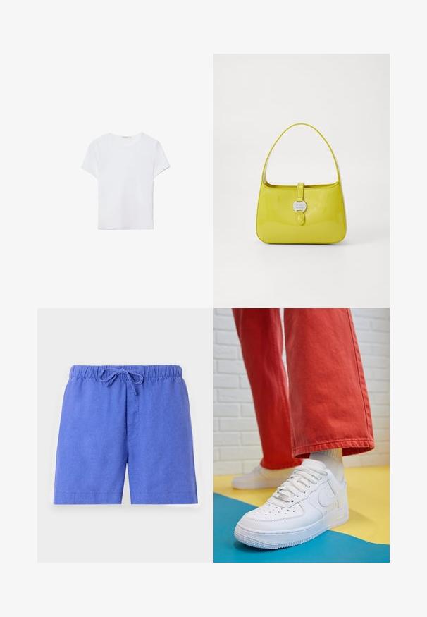 Weißes kurzärmliges T-Shirt aus weichem Stoff. Hat einen runden Halsausschnitt und ein einfaches, sauberes Design mit geradem Saum.; Blaue Shorts aus leichtem Stoff, mit einem elastischen Bund und einem verstellbaren Kordelzug sowie einer einzigen Vorderasche.; Weiße Leder-Sneaker mit perforiertem Zehenbereich, strukturiertem Sohlen und weißen Schnürsenkeln, kombiniert mit weiten roten Hosen und einem blauen und gelben Hintergrund.; Gelbe lackierte Leder-Handtasche mit strukturiertem Design, einem oberen Griff und einem vorderen Druckverschluss, der mit einem kreisförmigen Metall-Logo-Akzent versehen ist.