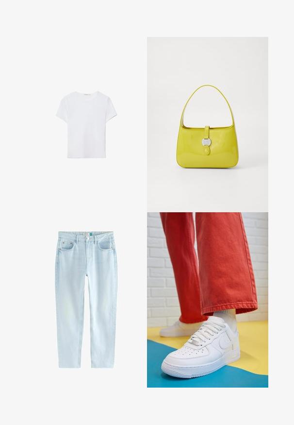 Bílá tričko s krátkým rukávem vyrobené z měkké látky. Má kulatý výstřih a jednoduchý, čistý design s rovnou spodní částí.; Světle modré džíny rovného střihu vyrobené z denimu s vybledlým efektem, vybavené dvěma předními kapsami, kontrastním prošitím a knoflíkovým zapínáním.; Bílé kožené tenisky s perforovanou špičkou, texturovanou podešví a bílými tkaničkami, v kombinaci s širokými červenými kalhotami a modro-žlutým pozadím.; Žlutá lakovaná kabelka se strukturovaným tvarem, horním uchem a předním uzavíráním na patent s kruhovým kovovým logem.