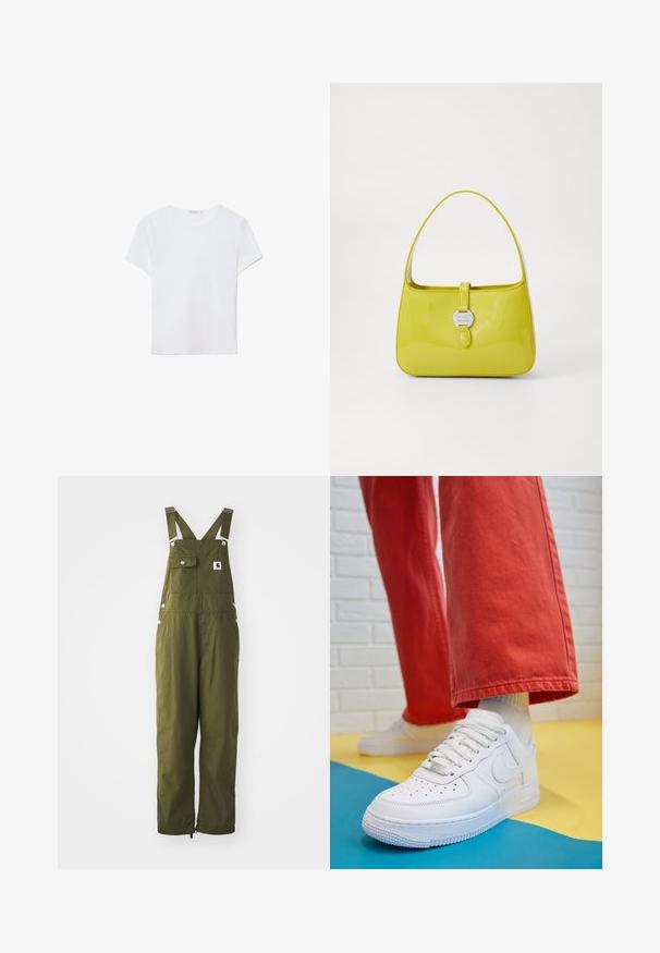 T-shirt bianco a maniche corte in tessuto morbido. Presenta un collo rotondo e un design semplice e pulito con un orlo dritto.; Salopette in cotone verde oliva con spalline regolabili, tasca frontale, bottoni a pressione e una vestibilità ampia. Presenta polsini alla caviglia con regolatori in elastico.; Sneaker bianco in pelle con punta perforata, suola testurizzata e lacci bianchi, abbinati a pantaloni rossi larghi e uno sfondo blu e giallo.; Borsa a mano in pelle verniciata gialla, con una forma strutturata, un manico superiore e una chiusura frontale a scatto con un accento in metallo circolare con logo.