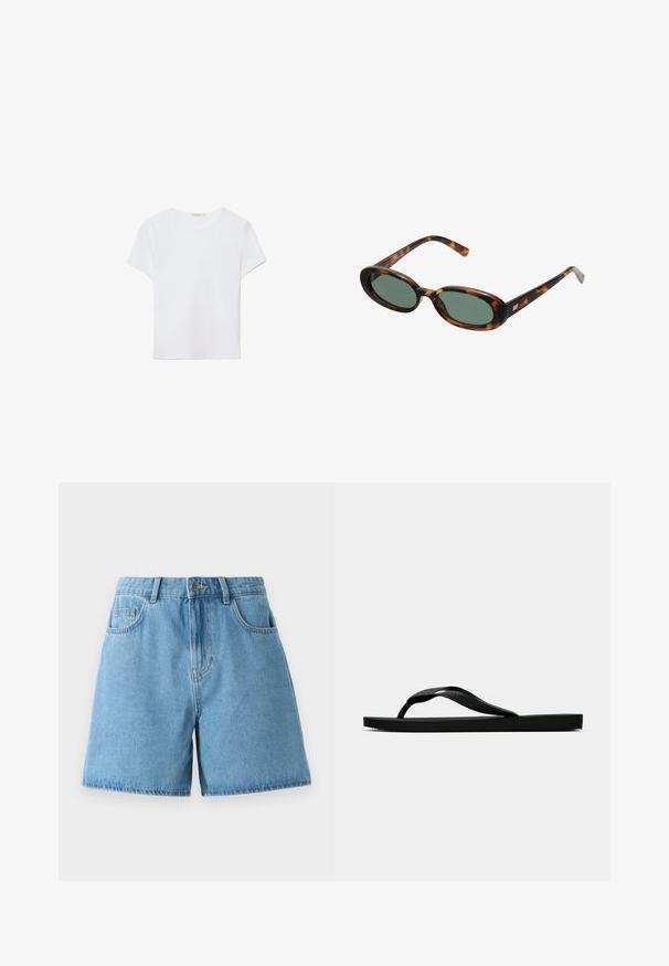 Valkoinen lyhythihainen t-paita, joka on valmistettu pehmeästä kankaasta. Sillä on pyöreä pääntie ja yksinkertainen, siisti muotoilu suoralla helman lopulla.; Vaaleansiniset farkkushortsit, joissa on korkea vyötärö, kaksi etutaskua ja nappisuljenta. Kankaan pinta on sileä ja siinä on hienovaraisia haalistumia.; Musta kumisaapas sandaali, jossa on teksturoitu thong-hihna ja yksinkertainen litteä pohja, esitetty sivustolta vaalealla taustalla.; Kilpikonnakuosisuntit, joissa on soikeat kehykset ja vihreät linssit. Ominaisuuksiin kuuluu ohuet varret, joissa on metallinen korostus saranan lähellä.