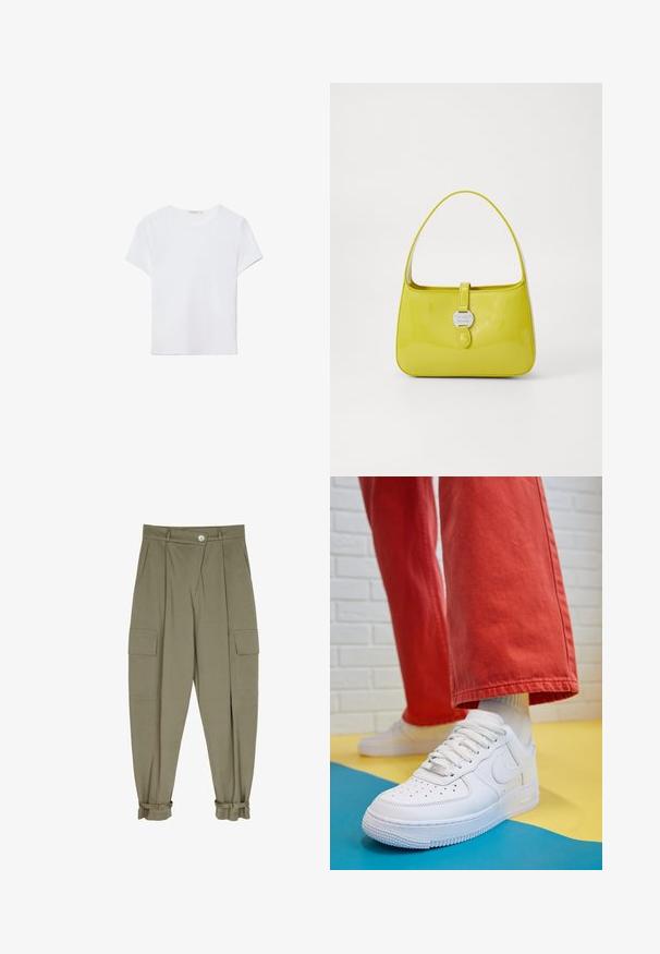 Biała koszulka z krótkim rękawem wykonana z miękkiego materiału. Posiada okrągły dekolt oraz prosty, minimalistyczny design z prostym dołem.; Oliwkowe spodnie cargo wykonane z miękkiego materiału, z dwoma przednimi kieszeniami, plisowanym wzorem oraz mankietami z regulowanymi zapięciami.; Białe skórzane sneakersy z perforowanym czubkiem, teksturowaną podeszwą i białymi sznurowadłami, w połączeniu z szerokimi czerwonymi spodniami na niebiesko-żółtym tle.; Żółta torebka z lakierowanej skóry o strukturalnym kształcie, z rękojeścią u góry i zapięciem na zatrzask z okrągłym metalowym akcentem w postaci logo.
