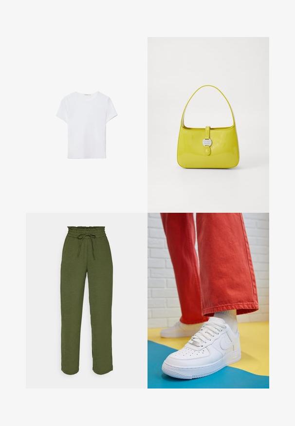 Biela kratká dámska tričko s krátkym rukávom vyrobené z mäkkej látky. Má okrúhly výstrih a jednoduchý, čistý dizajn so rovnými okrajmi.; VILA VITIFF STRAIGHT PANT - Nohavice - kalamata; Biele kožené tenisky s perforovanou špičkou, textúrovanou podrážkou a bielymi šnúrkami, spárované so širokými červenými nohavicami na modrom a žltom pozadí.; Žltá lakovaná kožená kabelka so štruktúrovaným tvarom, horným držadlom a predným zacvakávacím uzáverom s kruhovým kovovým logom.