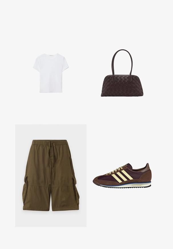 Hvid kortærmet t-shirt lavet af blødt stof. Har en rund halsudskæring og et simpelt, rent design med en lige underkant.; Olivenfarvede cargo shorts lavet af letvægtsstof. Har en elastisk talje, snøre og to sidelommer.; Brune og bordeaux sneakers lavet af ruskind og mesh-materialer, med tre cremefarvede striber, tekstureret stof på tungen, og en gummisål.; Vævet brun lædertaske med rund form, dobbelt top håndtag og glat tekstur; har diskret syning som designdetalje.