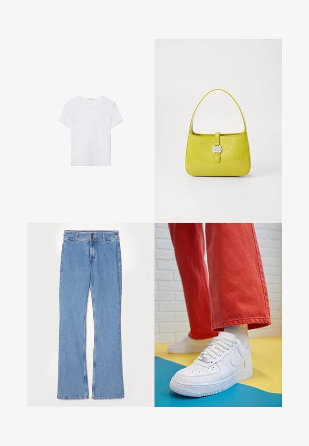T-shirt bianco a maniche corte in tessuto morbido. Presenta un collo rotondo e un design semplice e pulito con un orlo dritto.; Jeans in denim azzurro chiaro a zampa d'elefante con vita media, chiusura con bottone e zip, tasche frontali e finitura sbiadita.; Sneaker bianco in pelle con punta perforata, suola testurizzata e lacci bianchi, abbinati a pantaloni rossi larghi e uno sfondo blu e giallo.; Borsa a mano in pelle verniciata gialla, con una forma strutturata, un manico superiore e una chiusura frontale a scatto con un accento in metallo circolare con logo.