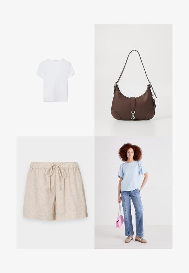 Biela kratká dámska tričko s krátkym rukávom vyrobené z mäkkej látky. Má okrúhly výstrih a jednoduchý, čistý dizajn so rovnými okrajmi.; Ľanové šortky v svetlo béžovej farbe s elastickým pásom a nastaviteľnou šnúrkou. Majú voľný strih a hladkú textúru.; Svetlomodré bavlnené tričko s krátkymi nariasenými rukávmi, v kombinácii s džínsami s vysokým pásom. Modelka drží malú ružovú kabelku s reťazovým popruhom.; Hnedá kožená kabelka s zaobleným tvarom, striebornými kovovými doplnkami a dekoratívnym prešitím. Obsahuje ramenný popruh a uzáver na klip.