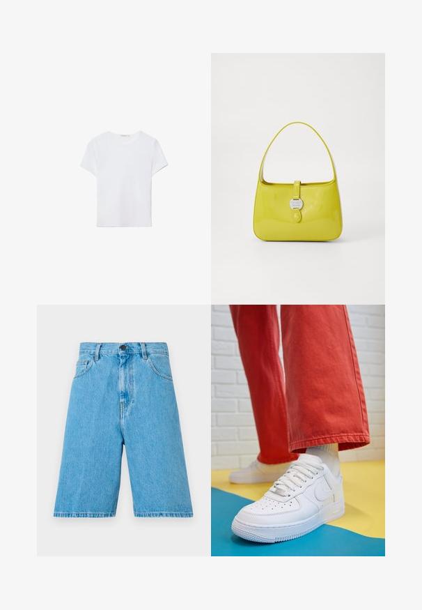 Valkoinen lyhythihainen t-paita, joka on valmistettu pehmeästä kankaasta. Sillä on pyöreä pääntie ja yksinkertainen, siisti muotoilu suoralla helman lopulla.; Vaaleansiniset farkkushortsit rentoa leikkausta, vyölenkit, nappisuljenta ja etutaskut. Kangas on sileä.; Valkoinen nahkakengät, joissa on rei'itetty varvasosa, teksturoitu pohja ja valkoiset nauhat, yhdistettynä leveisiin punaisiin housuihin ja sinikeltaiseen taustaan.; Keltainen lakatun nahkaisen käsilaukku, jolla on jäsennelty muoto, yläkahva ja edessä napsautettava suljenta, jossa on pyöreä metallinen logoosa.