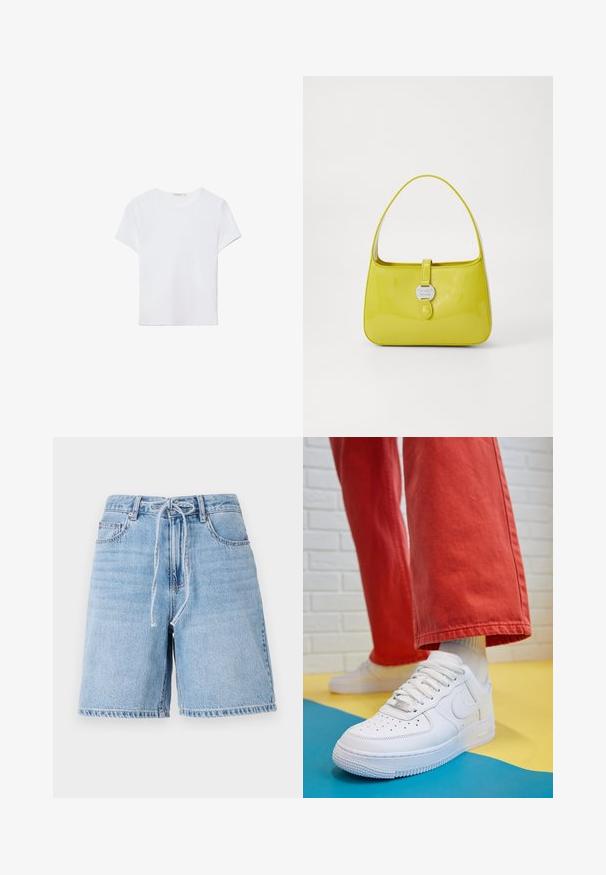 Bela kratka majica s kratkimi rokavi, izdelana iz mehkega materiala. Ima okroglo izrez in preprost, čist dizajn s ravnim robom.; Svetlo modri jeans kratki hlače z visokim pasom, sprednjim vezanjem in stranskimi žepi. Imajo sproščen kroj in poškodovan rob.; Beli usnjeni športni čevlji s perforiranim prstnim delom, teksturiranim podplatom in belimi vezalkami, v kombinaciji s širokimi rdečimi hlačami in modro-rumeno ozadje.; Rumena lakirana usnjena torbica s strukturirano obliko, zgornjim ročajem in sprednjim zapiranjem na pritisni gumb, ki ima okroglo kovinsko logotipno okrasje.
