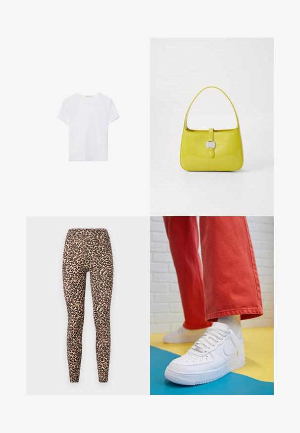 Bela kratka majica s kratkimi rokavi, izdelana iz mehkega materiala. Ima okroglo izrez in preprost, čist dizajn s ravnim robom.; Leggings z leopardjim vzorcem na bežnem podlatu, ki imajo visok pas, prilegajočo se zasnovo in gladko, raztegljivo teksturo.; Beli usnjeni športni čevlji s perforiranim prstnim delom, teksturiranim podplatom in belimi vezalkami, v kombinaciji s širokimi rdečimi hlačami in modro-rumeno ozadje.; Rumena lakirana usnjena torbica s strukturirano obliko, zgornjim ročajem in sprednjim zapiranjem na pritisni gumb, ki ima okroglo kovinsko logotipno okrasje.